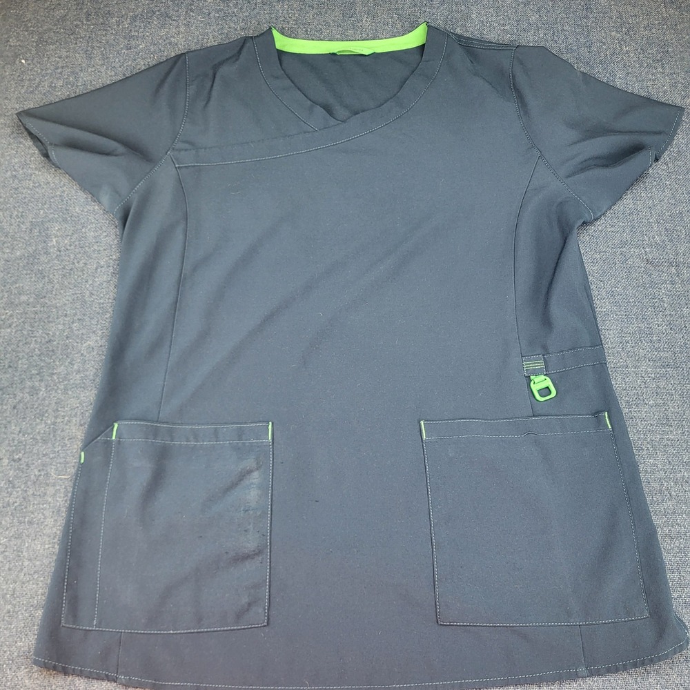 Carhartt Liberty Navy Blue Lime Green V-Neck Mock Wrap Scrub Top C12210 Large